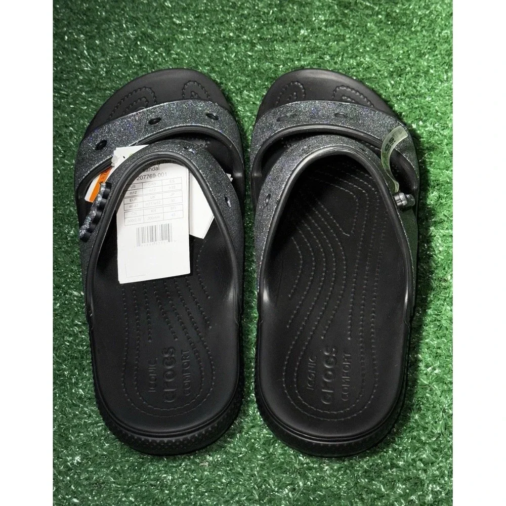 NEW! Crocs Glitter Strap Slide Sandals Black Silver Women's Size 14 Men's‎ 12
